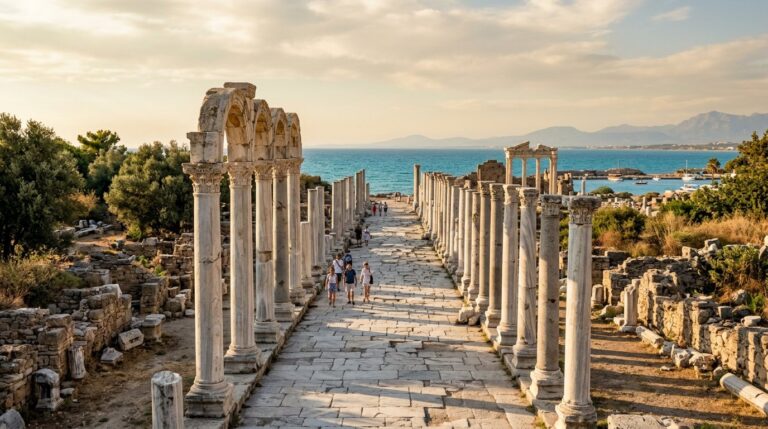 Side antik kentindeki Apollon Tapınağı sütunları gün batımında